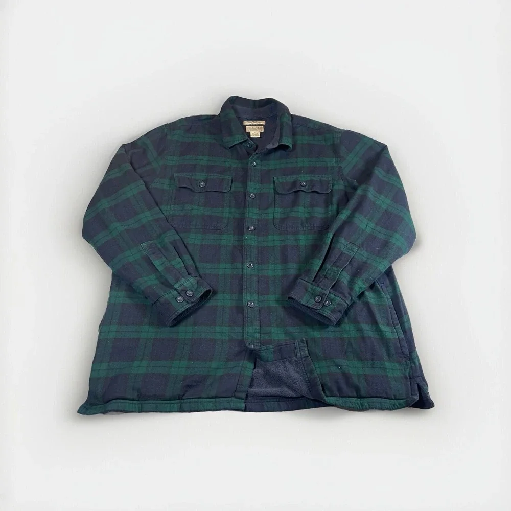 LL Bean Flannel Shirt Jacket Mens XL Fleece‎ Lined Green Tartan Plaid